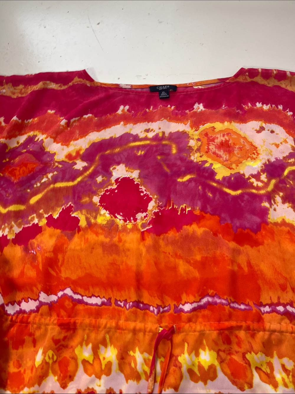 Chaps XL Short Sleeve Tye Dye Multicolor Sheer Blouse Tie Waist - Picture 4 of 5